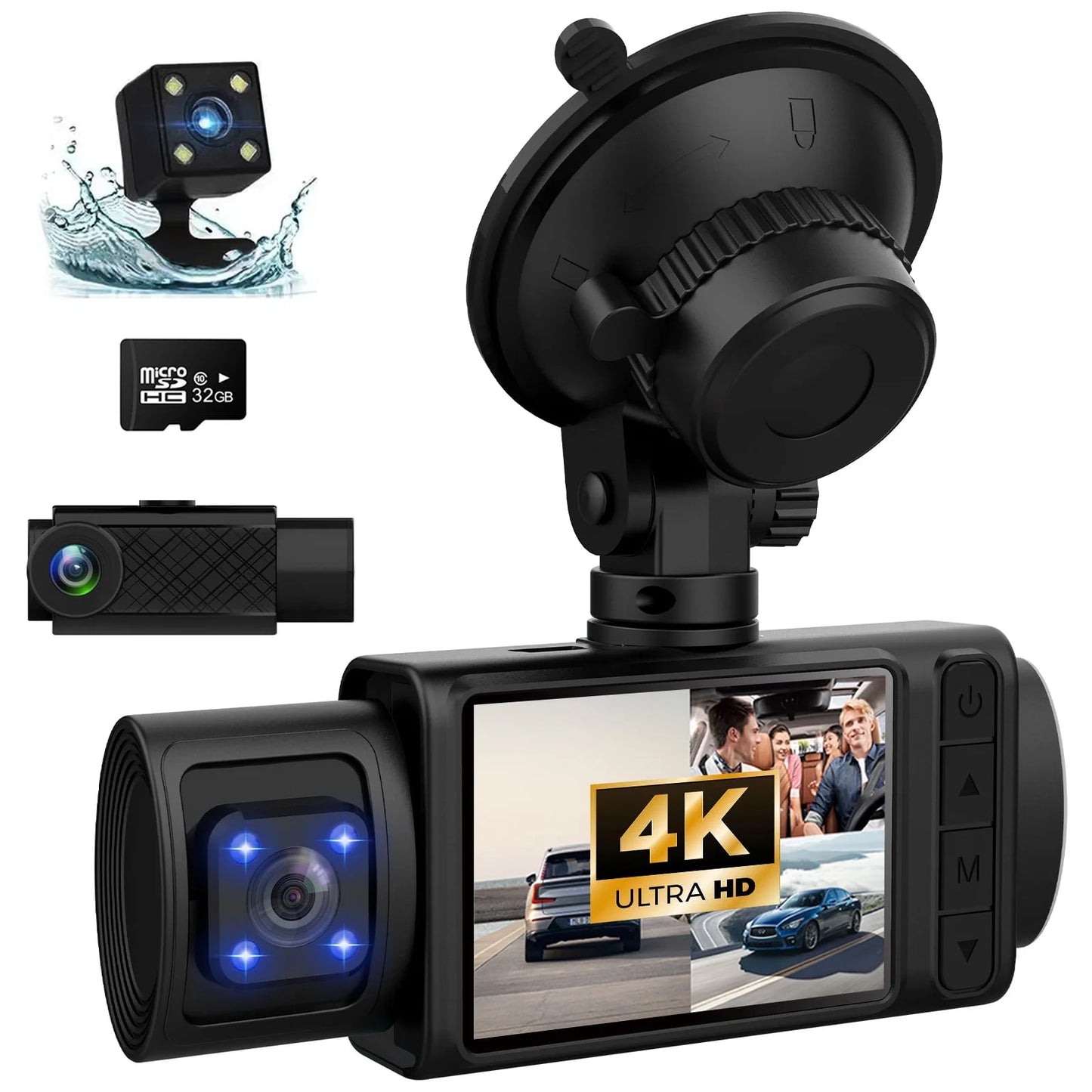 Dash Cam, 3 Channel Dash Cam, 4K+1080P Dash Cam Front and Inside, Triple Dash Cam for Car, Dash Camera with 32GB Card, 2160P Full UHD, G-Sensor, 170°Deg Wide Angle Dashboard with Infrared Night Vision