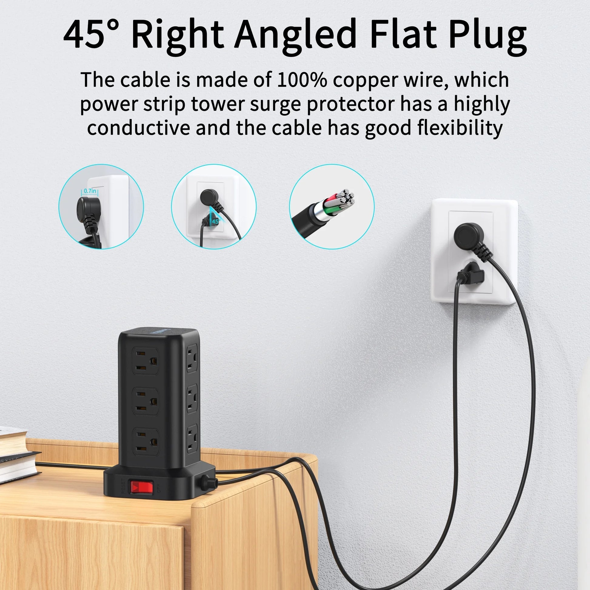 Power Strip Tower 12 Outlets with 4 USB Ports Surge Protector Electric Charging Station 6.5Ft Cord, White