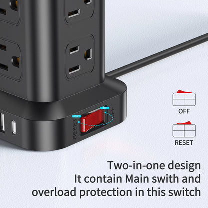 Power Strip Tower 12 Outlets with 4 USB Ports Surge Protector Electric Charging Station 6.5Ft Cord, White